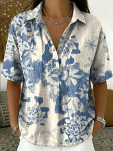 Women's Vintage Botanical Floral Casual Polo Collar Short-sleeved Linen And Cotton Shirt