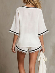 Women's Casual Cotton-linen Two-piece Set: Loose-fit V-neck Top With Half Sleeves & Elastic-waist Wide-leg Shorts