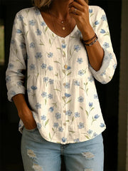 Women's Cute Flower Print Casual Cotton Shirt