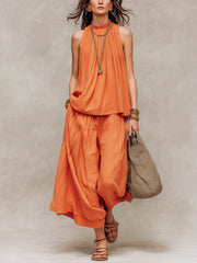 Women's Solid Color Art Stylish Casual Top And Pants Cotton Linen Two-Piece Set