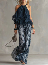 Women's Sleeveless Halter-neck Top And Printed Wide-leg Chiffon Pant Set