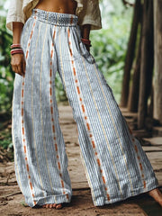 Blue & Orange Geometric Stripe Cotton-linen Elastic Waist Wide-leg Pants