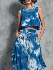 Blue Tie-dye Sleeveless Crop Top + Asymmetric Wide-leg Pants Set