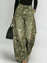 Women's Retro Floral Art Print Casual Stylish Hollow Denim Pants