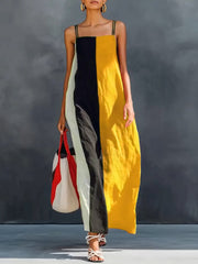 Women's Sleeveless Casual Loose-fit Cotton-linen Sundress With Contrast Print