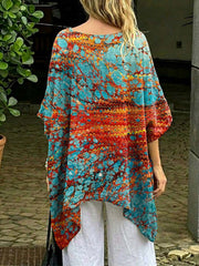 Women's Retro Art Print Casual Cotton Long Shirt