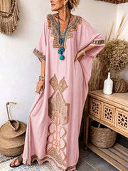 Women's Casual Loose Cotton-linen Dress With Placement Print V-neck And 3/4 Sleeves