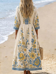Women's Embroidered Pattern Print Casual V-neck Cotton-linen Dress