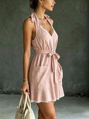 Women's Pockets And Lace-up Lace Trim Detail Casual Halter Dress