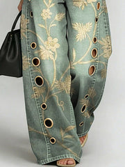 Women's Vintage Flower Print Casual Fashion Cutout Jeans