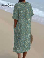 Women's Vintage Floral Art Print Pocket Linen Dress(Convertible Dress With Front And Back Option)