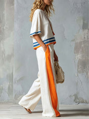 Women's Striped Color-block Loose Vacation Round Neck Short-sleeve Top And Wide-leg Pants Two-piece Set