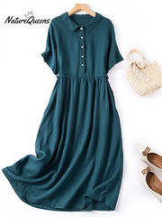 Women's Spring and Summer Short Sleeve Shirt Collar Retro Dress