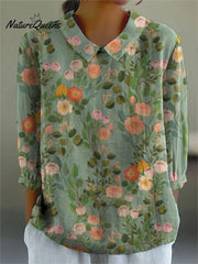 Women's Retro Floral Print Casual Cotton And Linen 3/4 Sleeve Shirt