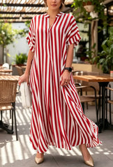 Striped V-neck Loose-fit Batwing-sleeve Maxi Dress