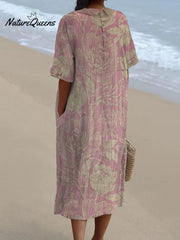 Women's Vintage Floral Art Print Pocket Linen Dress(Convertible Dress With Front And Back Option)