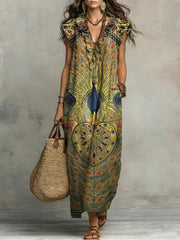 Women's Retro Peacock Pattern Art Print Casual Ruffled Stylish Cotton Linen Dress