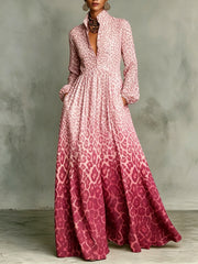 Gradient Leopard Print Stand Collar Button-down Maxi Shirt Dress