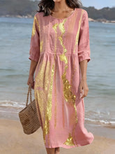 Women's CasualRound Neck Mid Sleeve Print Cotton and Linen Dress