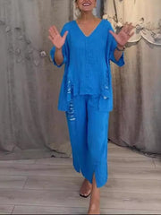 Casual Linen And Cotton Two-piece Top And Pants Set
