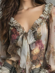 Sexy Watercolor Floral Print Lace-up Ruffle-sleeve Blouse