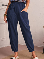 Cotton and Linen Elastic Waist Pocket Tapered Pants