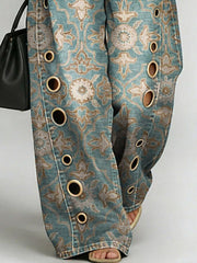Women's RetroPrint Casual Fashion Cutout Jeans