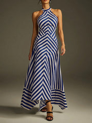 Stylish Artistic Striped Halter Sleeveless Maxi Dress