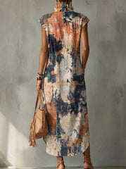 Gradient Decorative Pattern Women's No Sleeve Bud Collar Linen Cotton Dress