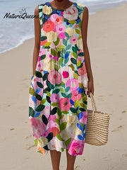 Women's Lovely Floral Pattern Art Print Sleeveless Cotton Pocket Wrap Dress