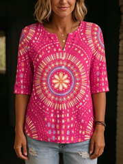 Bohemian Floral Print Henley Cotton T-shirt