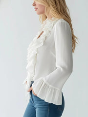 Women's Solid Color V-neck Puff Sleeve Ruffle Shirt