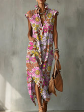 Elegant Colorful Floral Decorative Pattern Women's No Sleeve Bud Collar Linen Cotton Dress