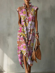 Elegant Colorful Floral Decorative Pattern Women's No Sleeve Bud Collar Linen Cotton Dress