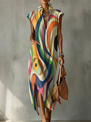Colorful Wavy Decorative Pattern Women's No Sleeve Bud Collar Linen Cotton Dress