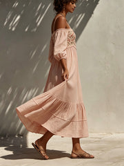 Floral Embroidered Off-shoulder Tiered Midi Dress