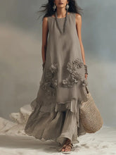 Women's Sleeveless Cotton And Linen Dress With 3d Floral Decoration