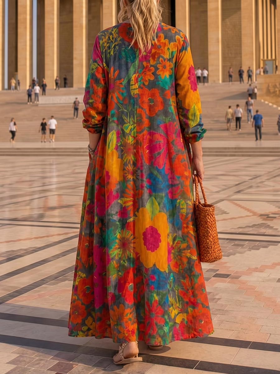 Women's Abstract Print V-neck Long-sleeve Loose-fit Cotton-linen Casual Dress