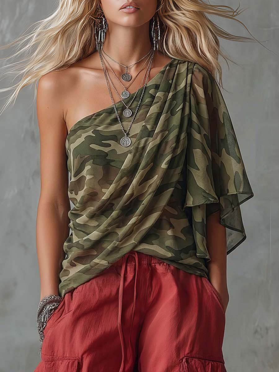 Women's Camouflage Print Off-shoulder Top With Asymmetrical Sleeve — Casual Loose Fit