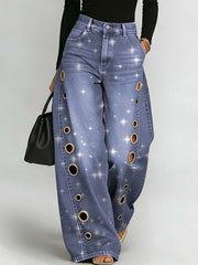 Women's Shinny Art Print Casual Stylish Hollow Denim Pants