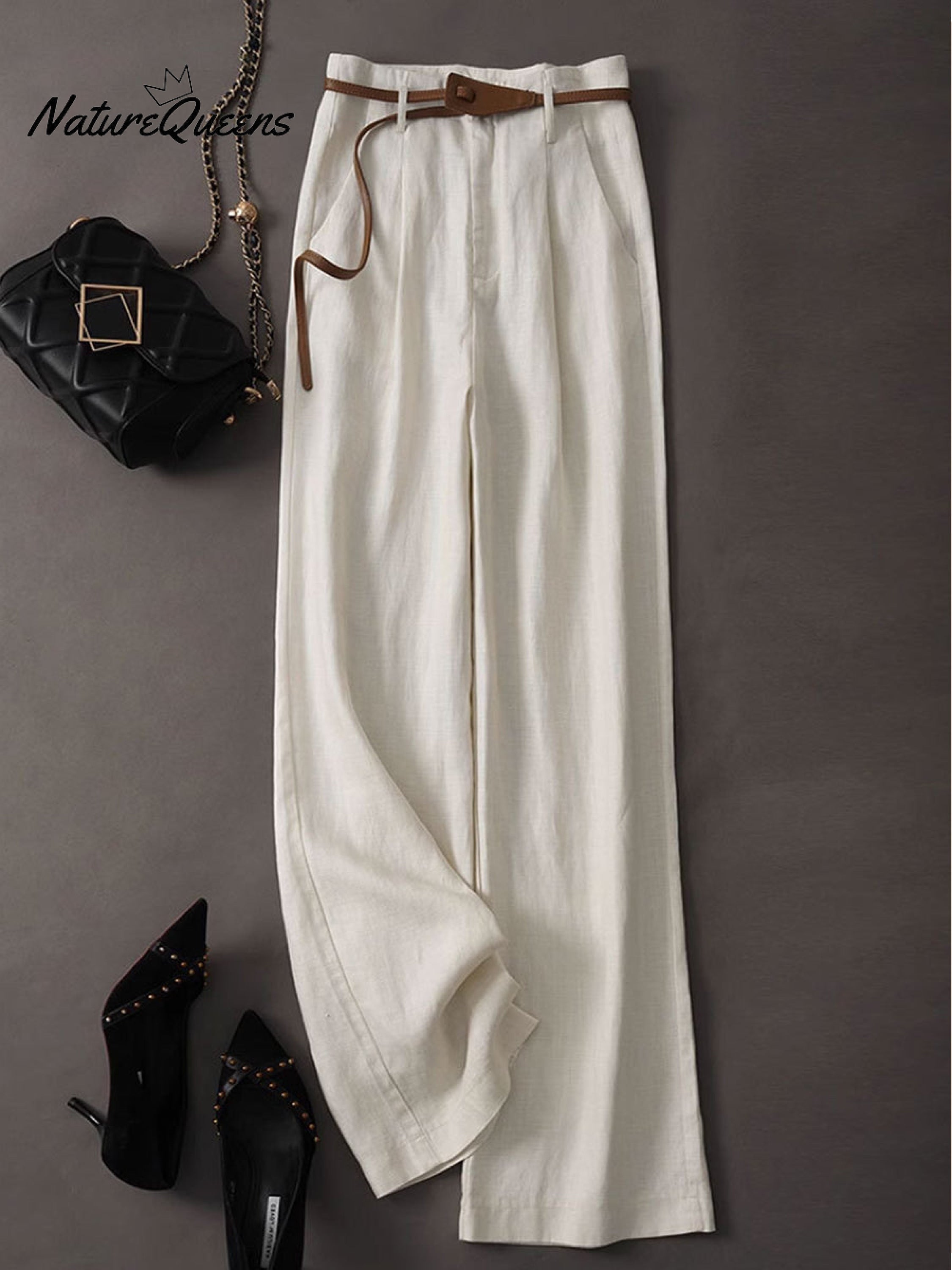 Women's Jacquard PatternTencel and Linen Wide-leg Casual Pants（Belt Included）