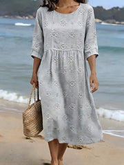 Women's CasualRound Neck Mid Sleeve Print Cotton and Linen Dress