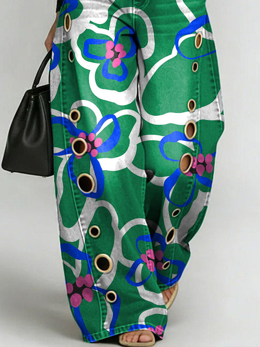 Women's Vintage Flower Print Casual Fashion Cutout Jeans