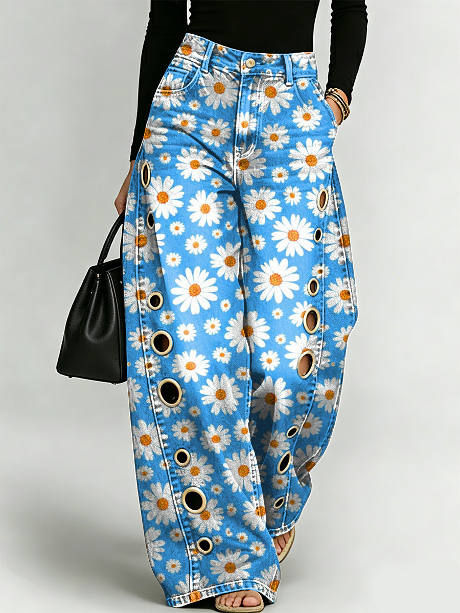 Cute Daisy Decorative Pattern Women's Denim Pants