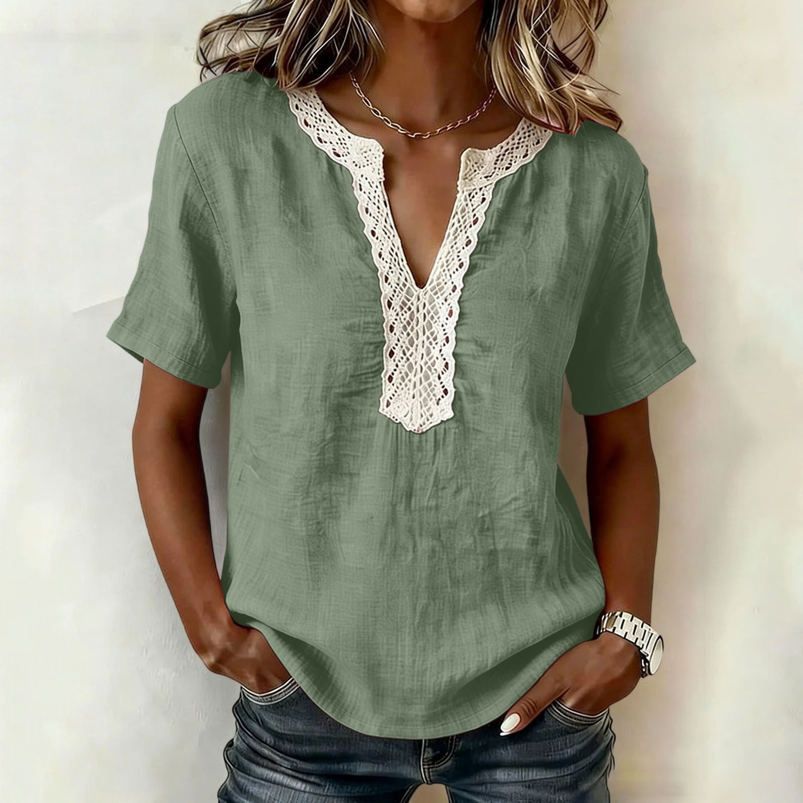 Casual Short-sleeve Top With Lace-trimmed Collar (linen & Cotton)