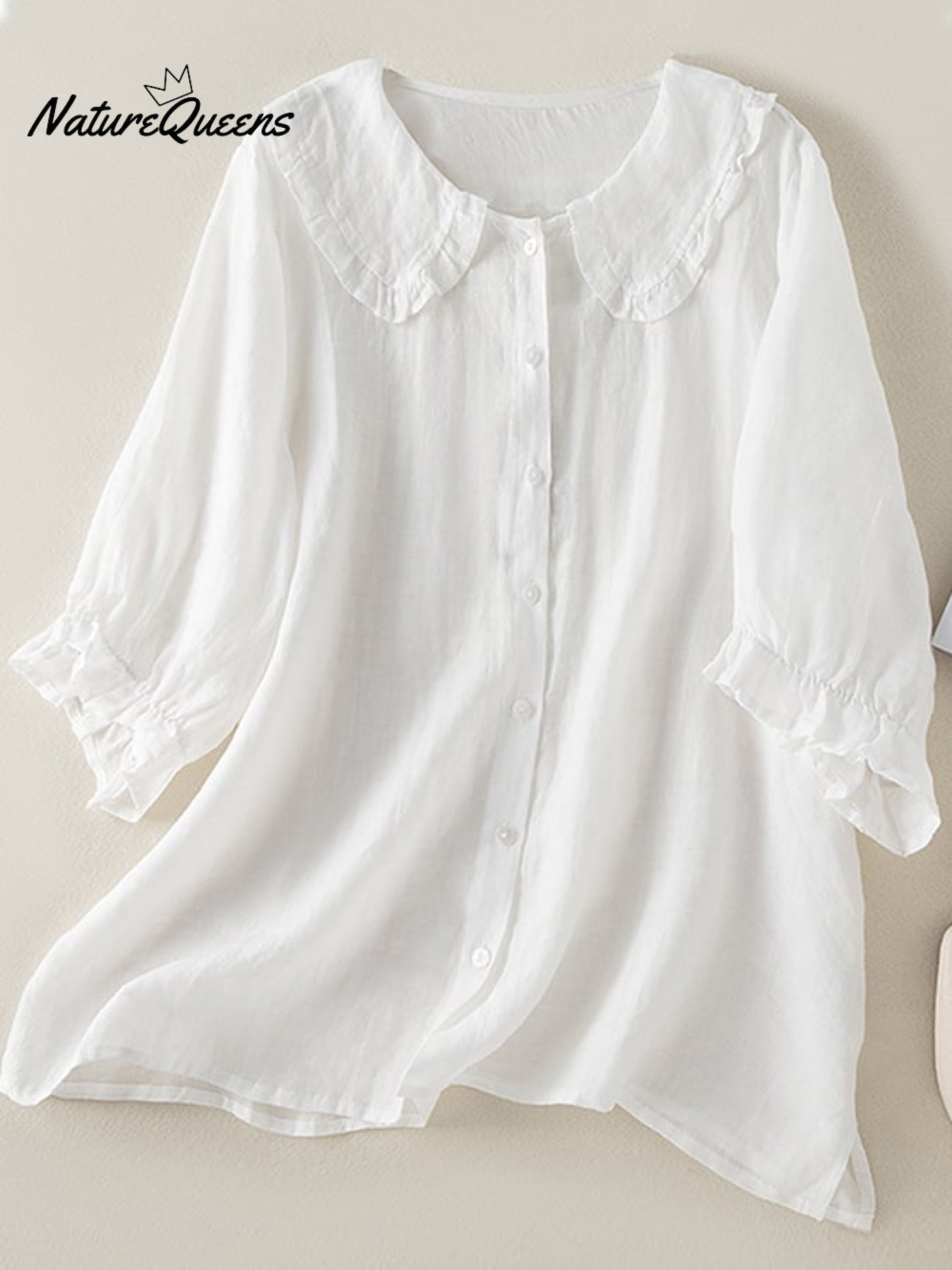 Cotton Linen Loose Peter Pan Ruffles Neck Shirt