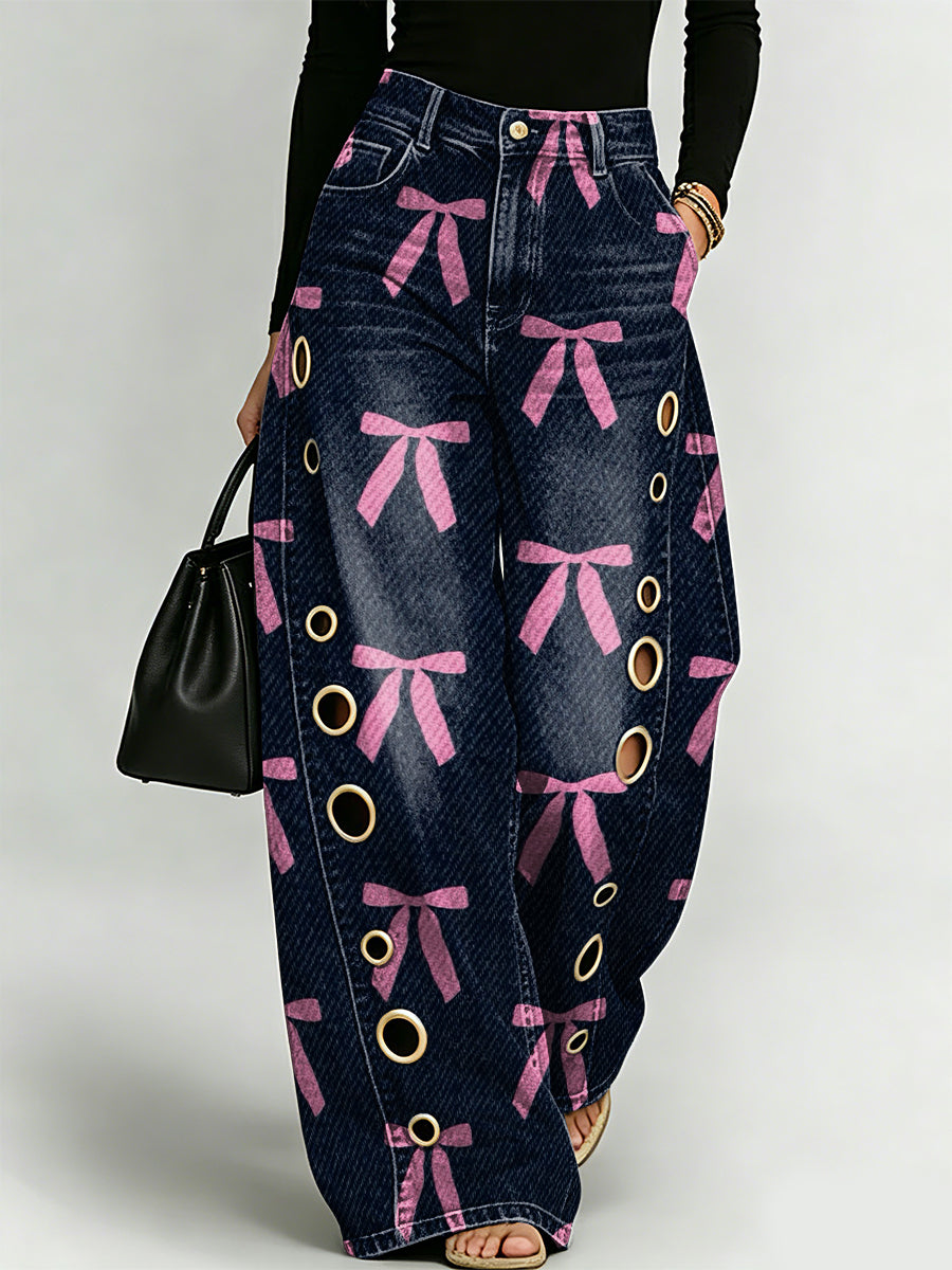 Pink Bow Decoration Pattern Women's Denim Pants