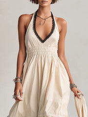 Women's Halter-neck V-neck Long Dress With Lace Splicing