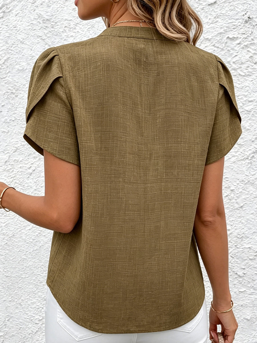 Women's Casual Petal-sleeve Slit V-neck Shirt