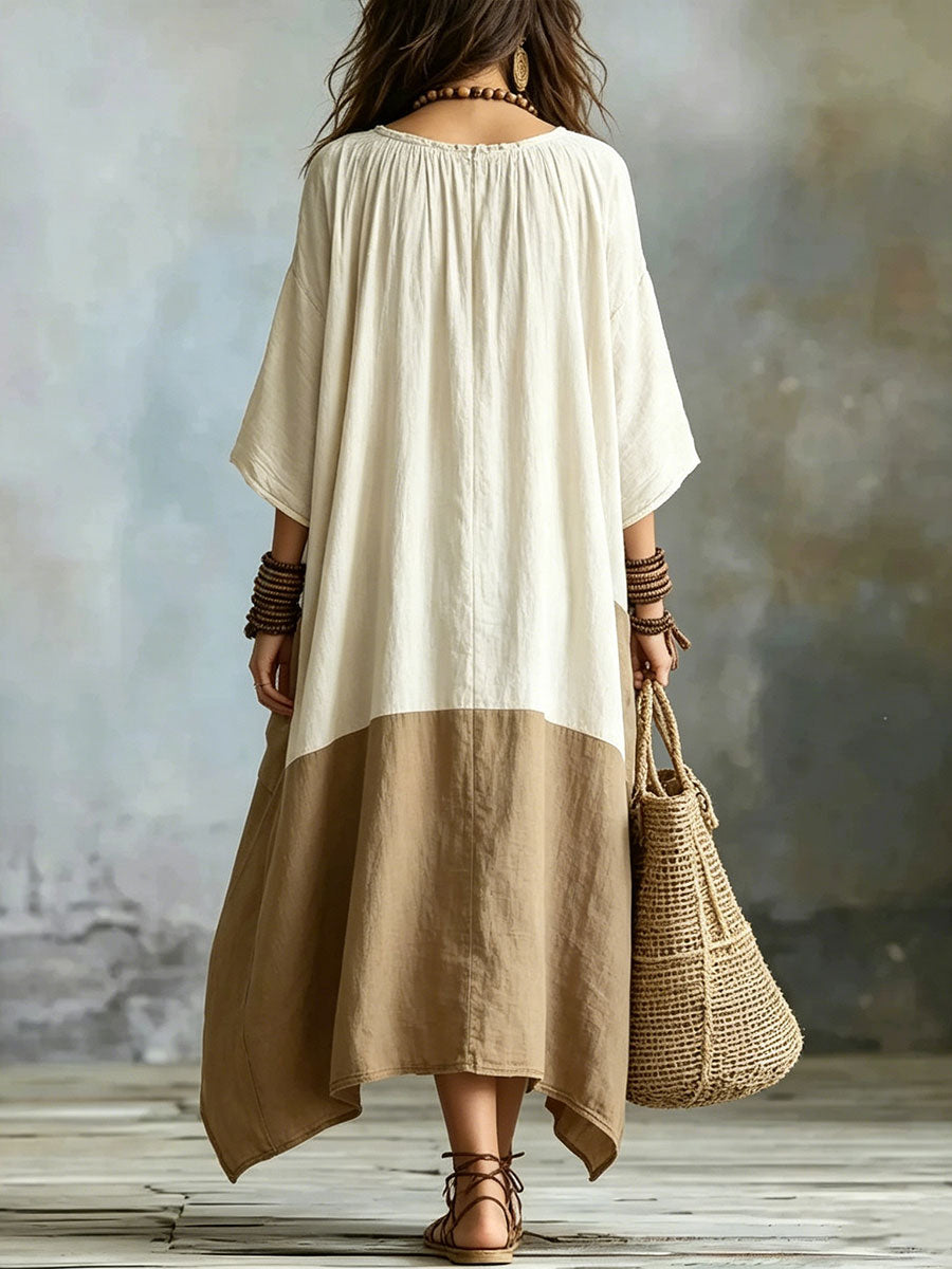 Women's Color-block Patchwork Cotton-linen Dress — Round Neck, Three-quarter Sleeves, Loose Fit